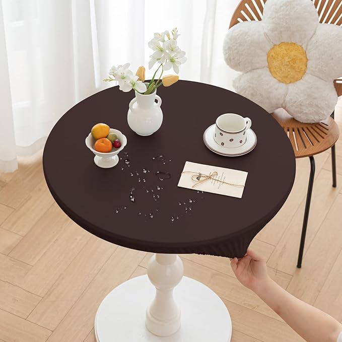Round Fitted PU Tablecloth with High Elastic Edge 35 Inch Dia Waterproof Oil Proof Table Cloth Anti-Scald Stain-Resistant Wipeable Table Cover for Indoor Outdoor Picnic (Coffee,35" Dia)