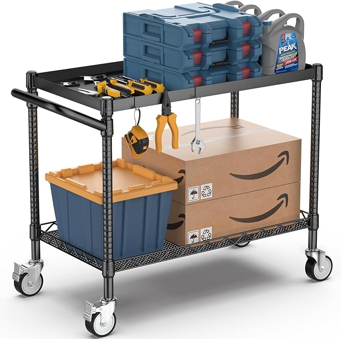 Leteuke 2 Tier Utility Cart with Wheels, NSF Certified 900LBS Capacity Heavy Duty Rolling Utility Carts with Handle Bar, Commercial Grade Metal Serving Storage Cart for Warehouse Garage Kitchen, Black