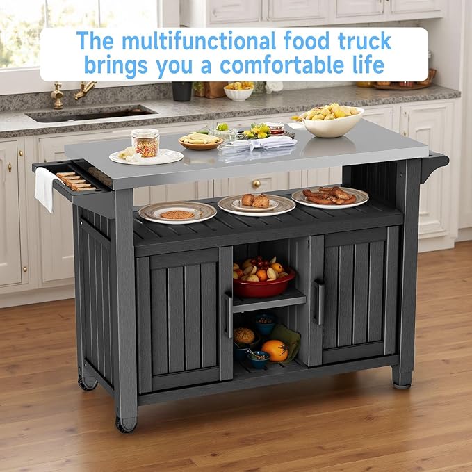 Portable Outdoor Prep Table with Stainless Steel Top – Rolling Storage Cabinet for Patio, BBQ, and Backyard Cooking (Black)