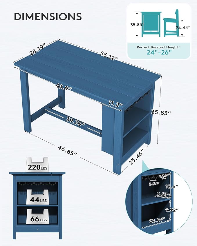 SERWALL Outdoor Bar Table, All Weather HDPE 36" Counter Height Dining Table with Storage and Wine Rack for Patio, Garden, Backyard, Balcony, Poolside, Blue