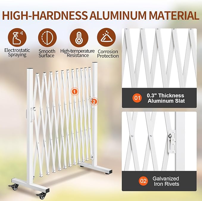 Aluminum Expandable Garden Fence, Portable Barricade Gate with Casters, Expansion Size 201×15.2×40.6 inches, Adjustable Flexible Fence Mobile Barricade Safety Barrier
