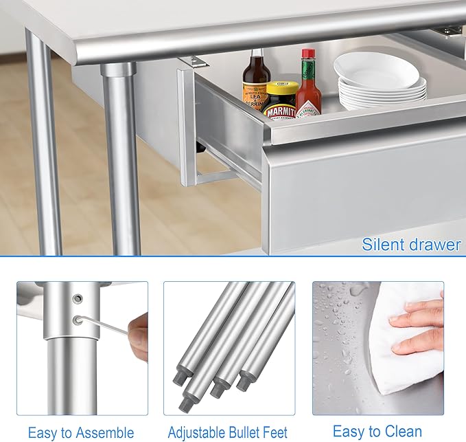 HARDURA Stainless Steel Prep Table with Drawer 24" x 60" NSF Heavy Duty Bench with Undershelf, Hook and Galvanized Legs for Commercial Food Prep