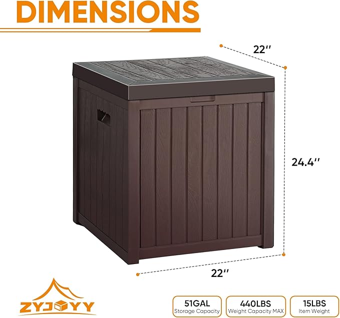 ZYJOYY 51 Gallon Resin Deck Box, Outdoor Storage Box Waterproof for Patio, Garden, Pool, and Deck, Storage Solution for Cushions, Tools, Delivery Packages, Brown