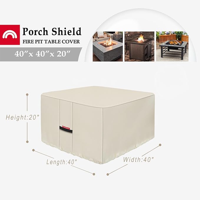 Porch Shield Fire Pit Cover - Waterproof 600D Heavy Duty Fade Resistant Square Patio Fire Pit Table Cover Beige - 40 x 40 inch