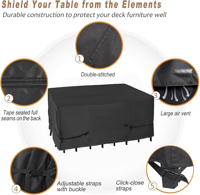 NettyPro Patio Table Cover Rectangular 105 x 75 Inch, Waterproof Outdoor Furniture Set Covers for Dining Table and Chair Rectangle, Black