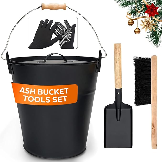 3.5 Gallon Ash Bucket with Lid and Shovel, Metal Fireplace Ash Bucket with Broom, Complete Fireplace Tools Set for Wood Stove and Fireplace