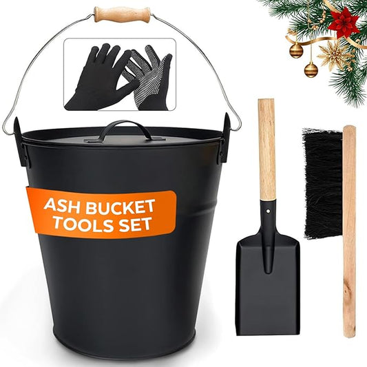 3.5 Gallon Ash Bucket with Lid and Shovel, Metal Fireplace Ash Bucket with Broom, Complete Fireplace Tools Set for Wood Stove and Fireplace