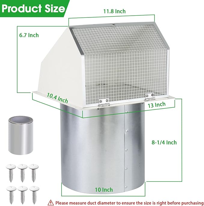 10 Inch Hooded Wall Vent with Screen and Damper, Outdoor Wall Exhaust Vent Cover Cap for Kitchen Range Hood Dryer Exterior Ventilation and Outside Air Exhaust, Galvanized Steel, White