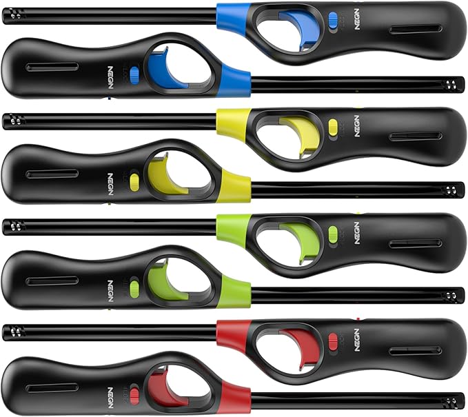 NEON Lighter, Refillable Butane Candle Lighter, 8 Pack Multi-Purpose Reusable Lighters with Long Metal Wand and Adjustable Soft Flame for BBQ, Grill, Stove, Camping, Hiking, Fireplaces, Kitchen