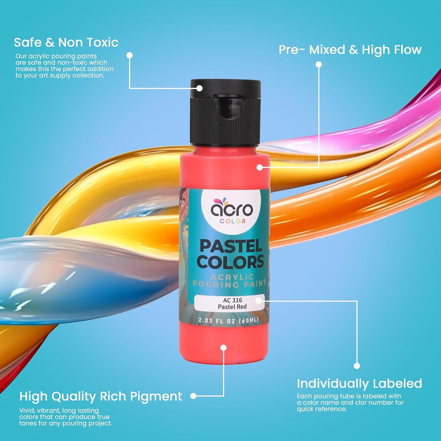 Acrylic Pouring Paint Set | 30 Vibrant Colors Including An Array Of Metallic, Neon & Pastel Paints | Pre Mixed, Ready to Use, High Flow Paint For Canvas, Paper, and More | 2 Ounces Per bottle (Pastel