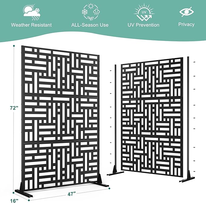 Metal Privacy Screen for Outdoor & Indoor Use, Free Standing Privacy Screen for Patio Garden Pool, 72" H x 47" W Decoative Privacy Panels, Weather Resistant, Easy Assembly (Black Street Floral)