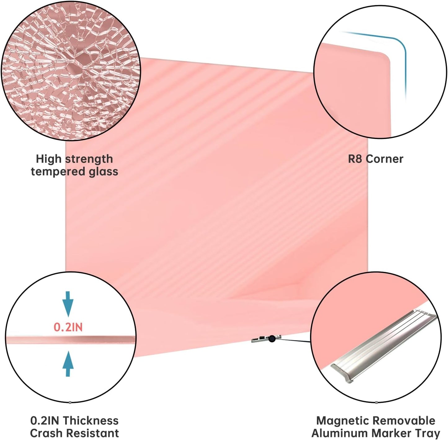 Magnetic Glass Whiteboard - Glass Dry Erase Board 48"x36" Large Frameless Glass Board for Walls Office School and Home, Pink
