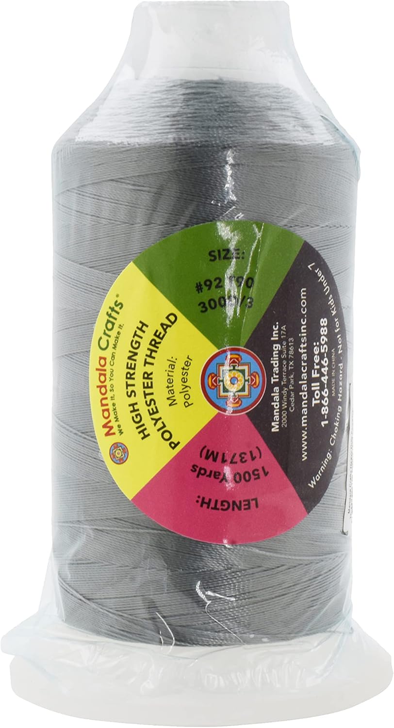 Mandala Crafts Gray Heavy Duty Thread -1500 Yds Tex 90 Thread for Sewing Drapery Jeans Leather Hair - Bonded Polyester Thread Outdoor Marine Upholstery Threads