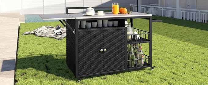CHARMMA 63.5" Outdoor Kitchen Island, Kitchen Storage Island, Cooking Station, Outdoor Grill Cart with Foldable Side Tabletop, Ample Storage Space, Bottle Opener for Outside Patio, Backyard