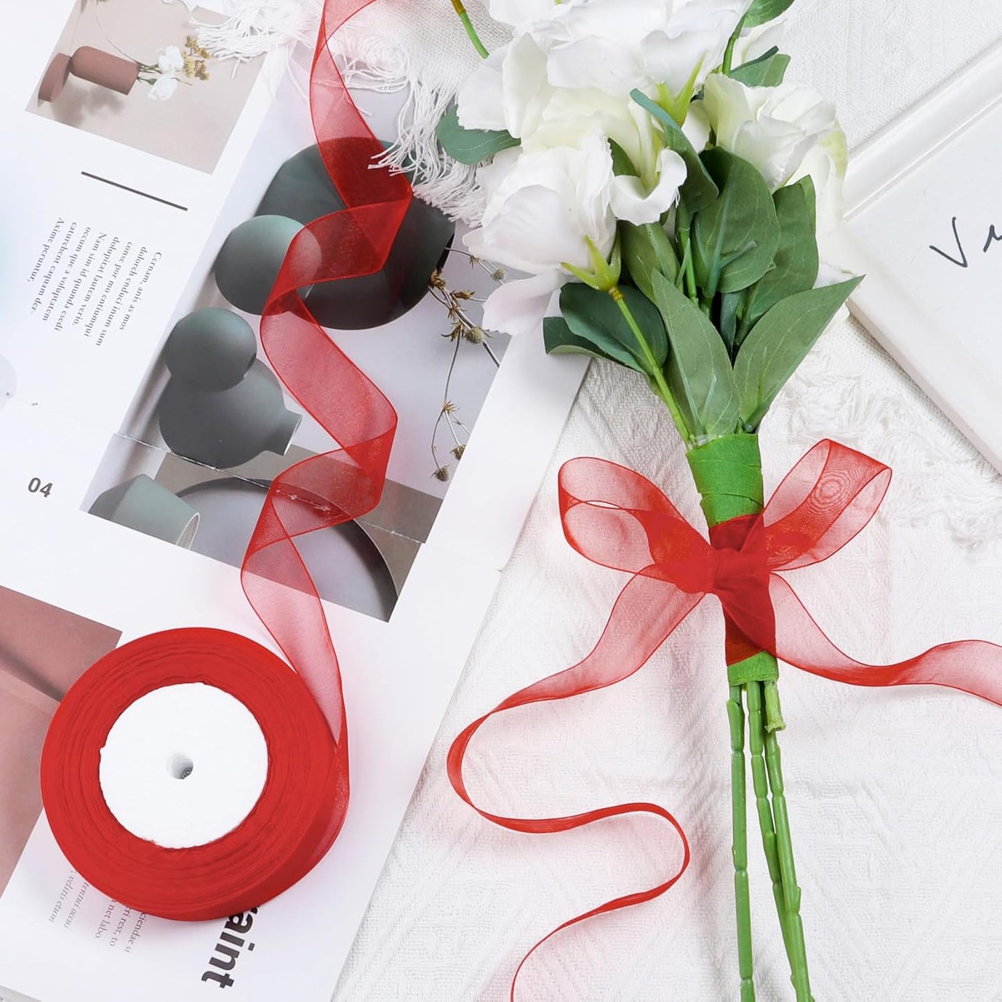 Ribbon for Gift Wrapping 3/4 inch Red Sheer Organza Ribbon for Flower Bouquet Tulle Thin Chiffon Ribbons for Wedding Invitations Christmas Halloween Presents Decorations Crafts 50 Yards