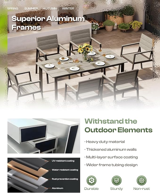 Outdoor Dining Set for 6, Patio Table and Chairs Set with Umbrella Hole, 7 Pieces HDPS + Aluminum Outdoor Furniture Sets for Patio, Garden (Gray)