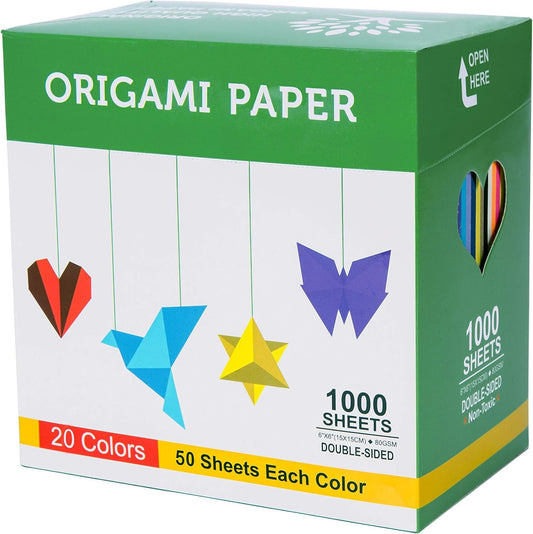 BUBU Origami Paper Kit 1000 Sheets 6 Inch Square Double Sided Color 20 Vivid Colors for Beginners Trainning and School Craft Lessons