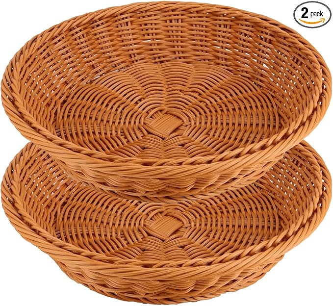 RT&BS 2pcs Round Wicker Bread Basket, Christmas Food Baskets, Eco-Friendly Sturdy Stackable Fruit Basket for Kitchen, Store, Restaurant, Party (Brown, M)