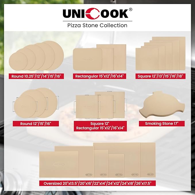 Unicook Pizza Stone for Grill Oven, 15 Inch Round Baking Stone, Heavy Duty Cordierite Bread Cooking Pan, Thermal Shock Resistant, Ideal for Making Crisp Crust Pizza, Bread and More, Includes Scraper