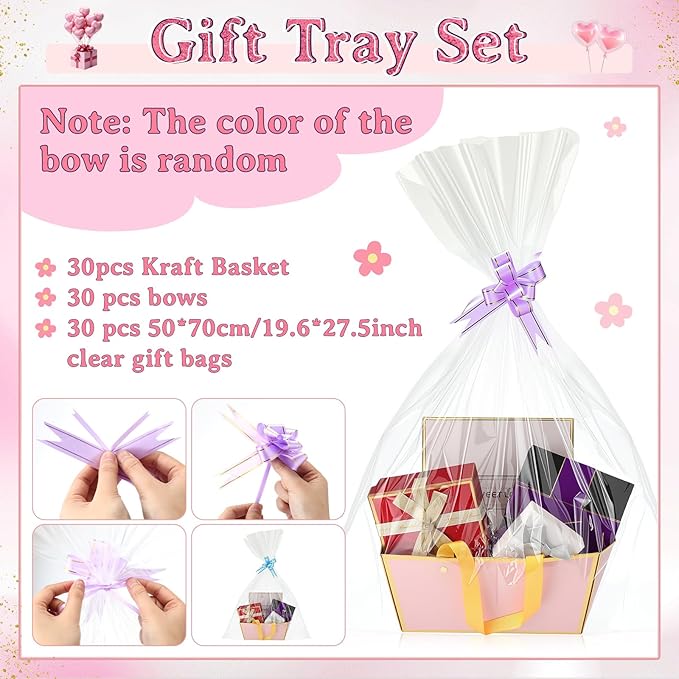 Tuanse 30 Pcs Basket for Gift Empty DIY Bulk Gift Basket Kit with Handle Kraft Cardboard Tray with 30 Bag 30 Bow Market Tray for Wedding Party(Pink,9.8 x 6.7 x 4.3 in)