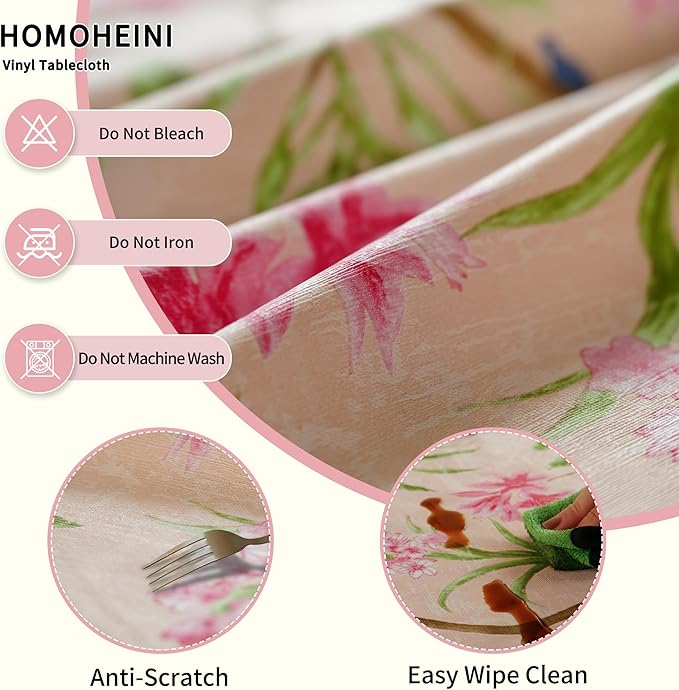 Rectangle Picnic Table Cloth, Elastic Waterproof Fitted Vinyl Tablecloths for 8 Foot Tables, Wipeable Flannel Backed Table Covers for Dining, Camping, Outdoor(Pink Flower,30"x96")