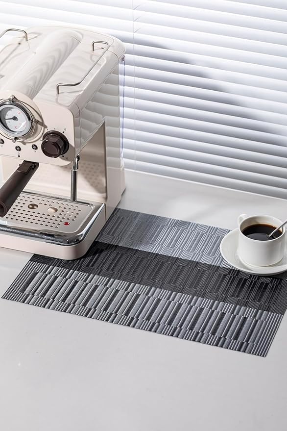 LEXMORE Placemats Vinyl/Plastic Woven Place Mats for Kitchen Table Indoor/Outdoor Washable Placemat Wipeable Dining Table Mats Set of 12 (Silver Gray Black)