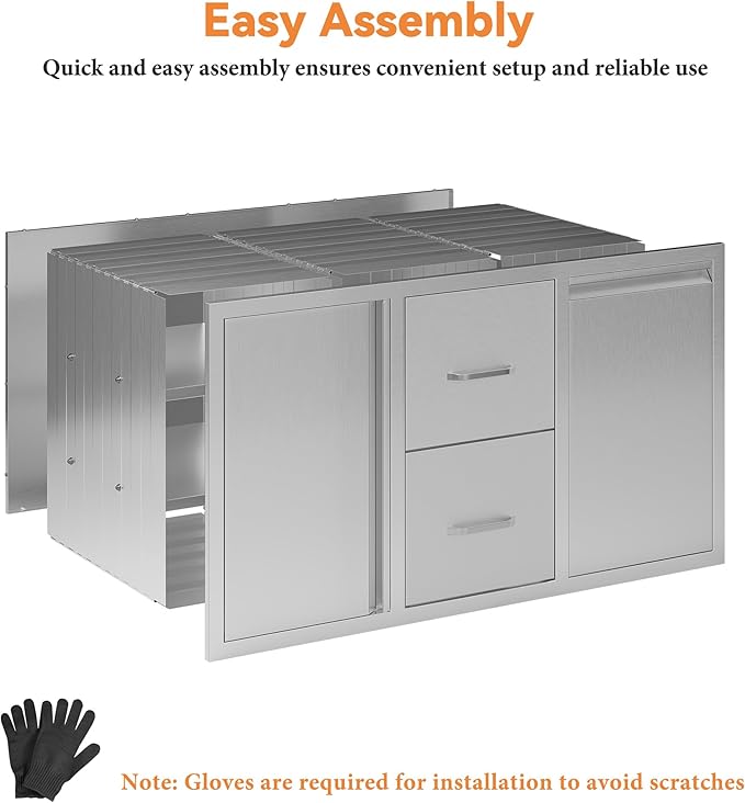 Jocisland Outdoor Kitchen Drawers 41.5" W×23" D×23" H Stainless Steel Drawers for Outdoor Kitchens, Double Drawer & Door Trash Drawer & 3-Tier Cabinet, Built-in BBQ Island Storage