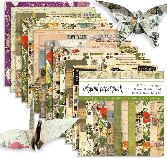 Square Origami Paper 6x6 Double Sided 50 Sheets 50 Colors 70GSM Origami Kit Japanese Chiyo Easy Fold Arts Crafts DIY Handwork Beginner Retro Newspapers