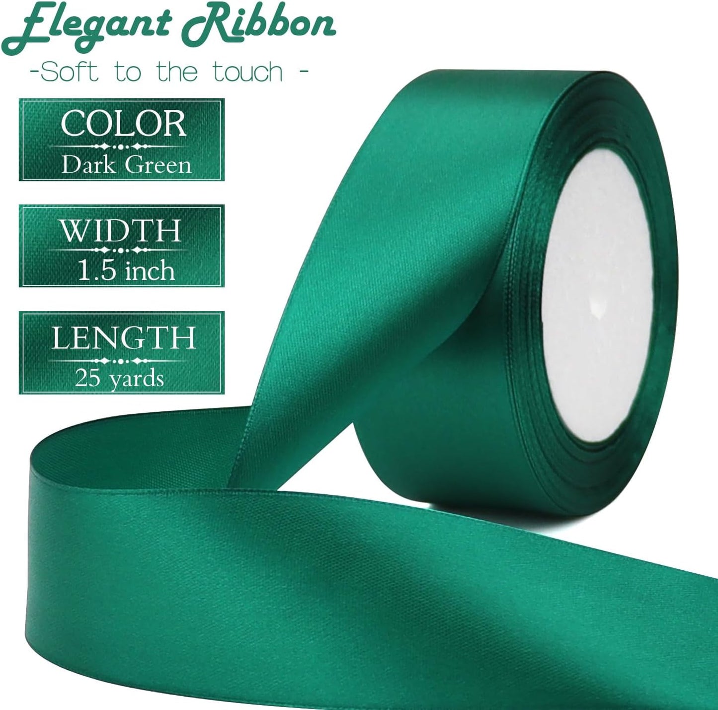 Dark Green Solid Satin Ribbon 1-1/2 Inch 25 Yards Solid Polyester Fabric Ribbon for Gift Wrapping Wedding Christmas Baby Shower Birthday Party Decoration Handmade Immortal Flower Craft