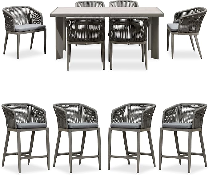 PURPLE LEAF 7 Pieces Outdoor Dining Set Patio Table and Chairs Set for 6 Aluminum Wicker Rattan Patio Furniture Set for Lawn Garden Porch Grey with Counter Stools