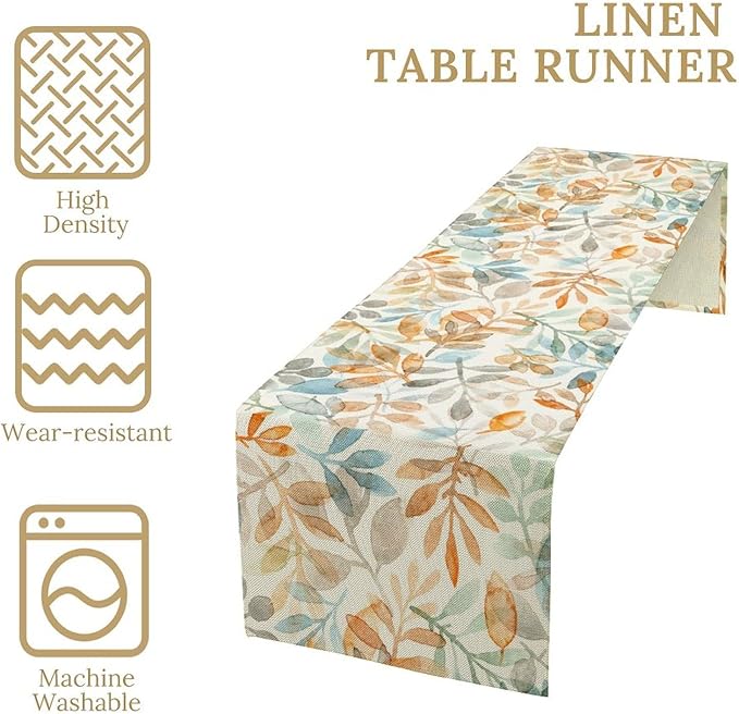 Fall Eucalyptus Leaf Table Runner, Autumn Orange Blue Leaves Harvest Thanksgiving Table Runner for Holiday Dining Room Kitchen Table Party Decoration, 13x90inch