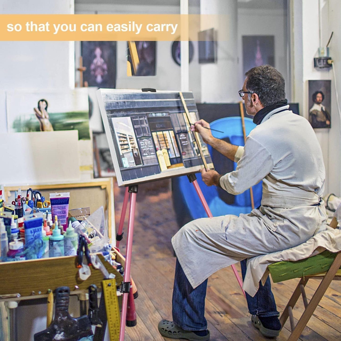 RRFTOK Artist Easel Stand, Aluminum Metal Adjustable Easel for Painting Canvases Height from 17 to 66 Inch,Carry Bag for Table-Top/Floor Drawing and Displaying(Pink)