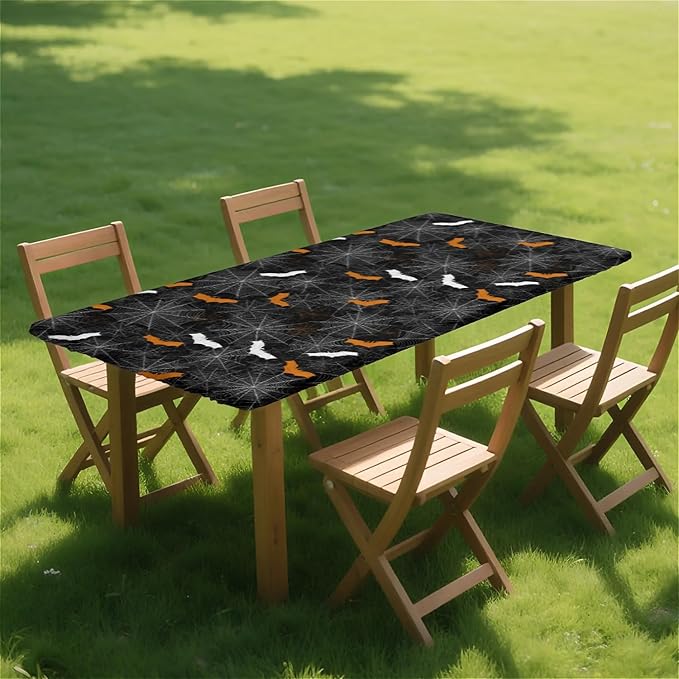 Rectangle Table Cloth Cover Waterproof Elastic Fitted Polyester Fitted Tablecloths for 4 Foot Tables for Indoor,Picnic, Camping, Outdoor （48" x 24"，Halloween）