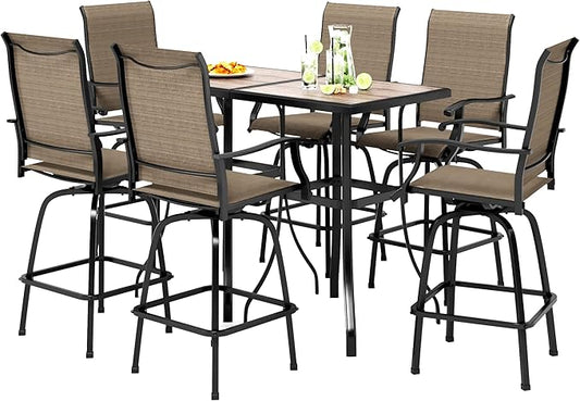 PHI VILLA Outdoor Bar Set for 6, High Top Patio Table and Chairs with Outdoor Swivel Bar Stools for Yard and Garden