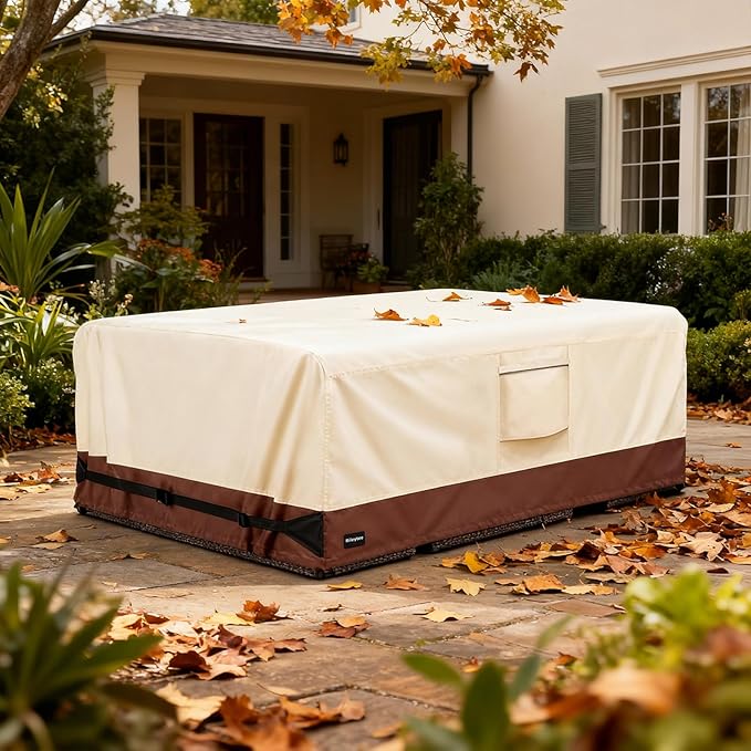 Rectangular Patio Furniture Covers,Upgraded 600D Heavy Duty Outdoor Furniture Covers Waterproof,Outdoor Sectional Dining Table and Chairs General Purpose Furniture Set Cover,111"L × 74"W × 28"H,Beige