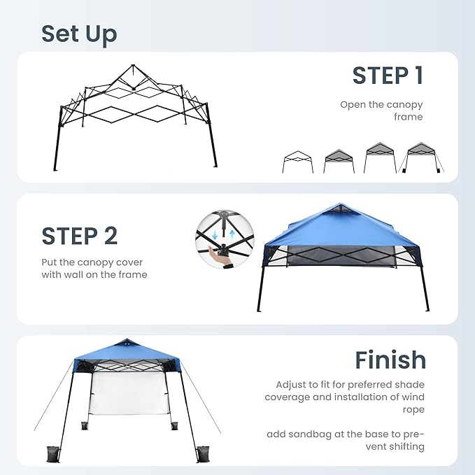 PHI VILLA 8x8ft Pop Up Canopy Tent Instant Portable Shelter One Push Tent Canopy with Wheeled Carry Bag, 4 Weight Bags, Slanted Legs-Blue