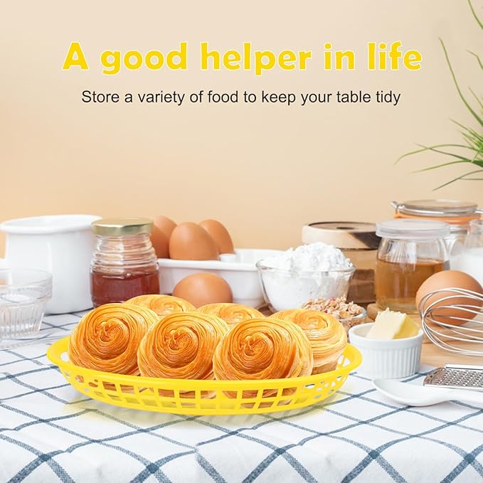 80 Pcs 9 x 5.7 Inch Reusable Oval Fast Food Baskets, Sturdy Plastic Serving Baskets for Fast Food, Parties, Picnics, BBQs and Snacks, by KUKLIPJIM.(Yellow)