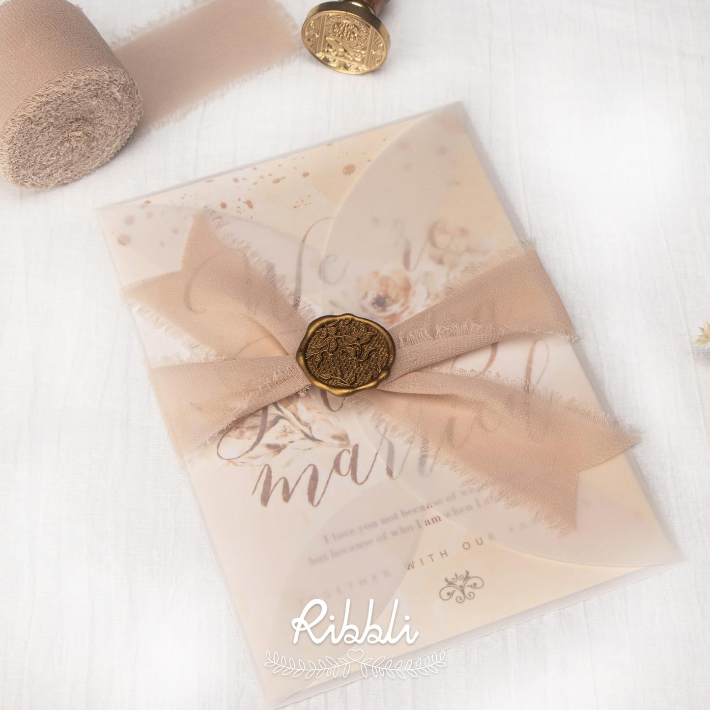 Ribbli Chiffon Silk Ribbon, 1.5 inch x 30 Yard, Cream/Champagne/Beige Fringe Chiffon Ribbon for Wedding Invitations, Bridal Bouquets Wrapping, Flower Arrangement Decoration