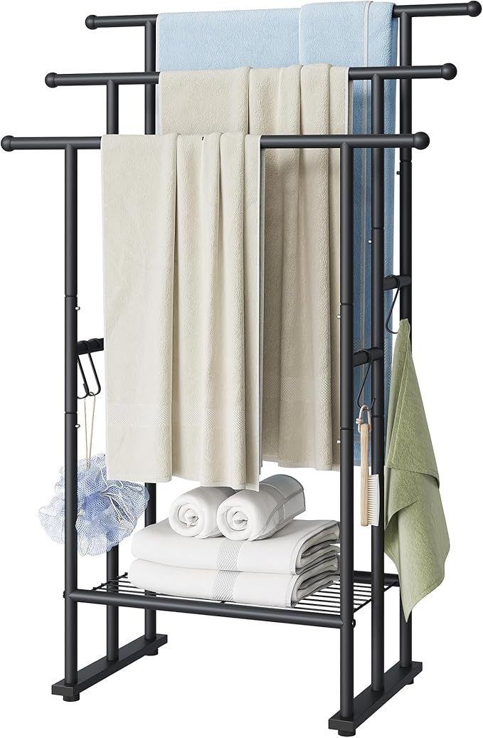 ELYKEN 3 Tier Standing Towel Rack, 40'' Tall Towel Drying Rack Outdoor, Freestanding Floor Towel Rack with Shelf, Pool Towel Blanket Stand, Metal Towel Racks for Bathroom freestanding, Matte Black