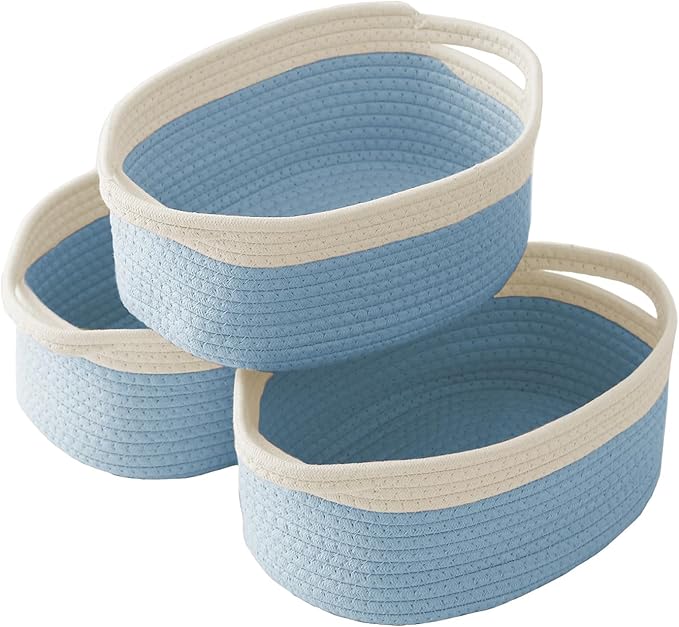 Woven Basket,Small Rope Storage Bin with Handles & Ribbon Bag, Organizer for Shelves Closets,Gift Basket Empty for Birthday,Books,Dog Toys, White&Blue/3 Pack
