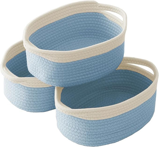 Woven Basket,Small Rope Storage Bin with Handles & Ribbon Bag, Organizer for Shelves Closets,Gift Basket Empty for Birthday,Books,Dog Toys, White&Blue/3 Pack