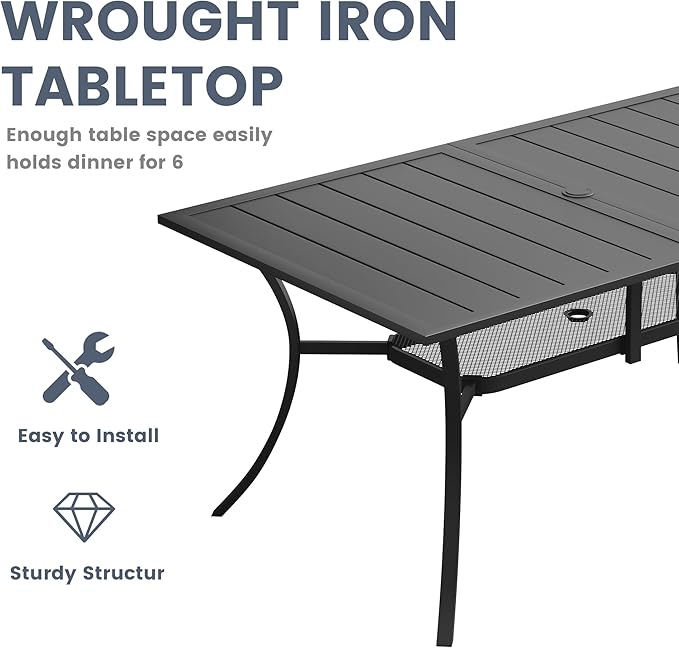 VICLLAX Rectangle Patio Dining Table for 6 Person, Outdoor Metal Steel Slat Table with Umbrella Hole for Patio, Lawn, Garden, Porch, Black