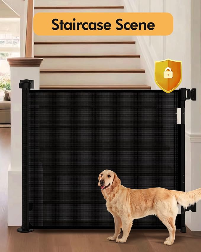 Retractable Baby Gate for Stairs & Doorways, 55" Wide x 33.6" Tall Easy Installation Mesh Dog Gate for Indoor & Outdoor Use,Pet and Dog Safety Gate for Hallways(Black)