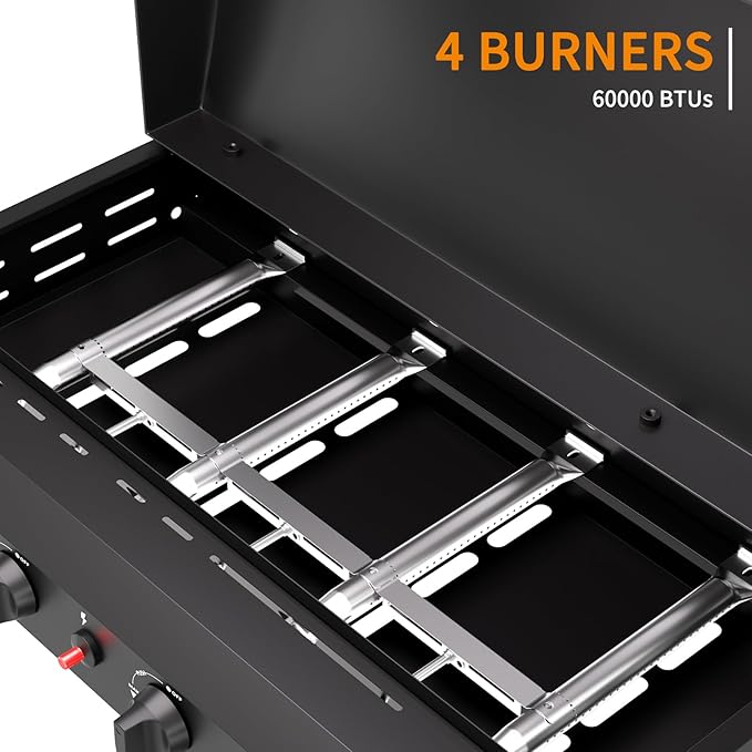 4 Burner BBQ Gas Griddle with Hood, 30 Inch Stainless Steel Portable Detachable Propane Griddle, 60,000 BTU Flat Top Grill with Lid for Camping, Black