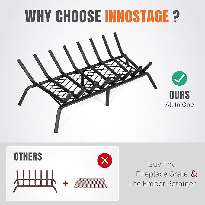 INNO STAGE Fireplace Grates with Ember Retainer - 27 Inch Fireplace Log Grate, Firewood Wood Log Holder Rack, Inside Wrought Cast Iron Fire Grate for Hearth Indoor Outdoor Camping