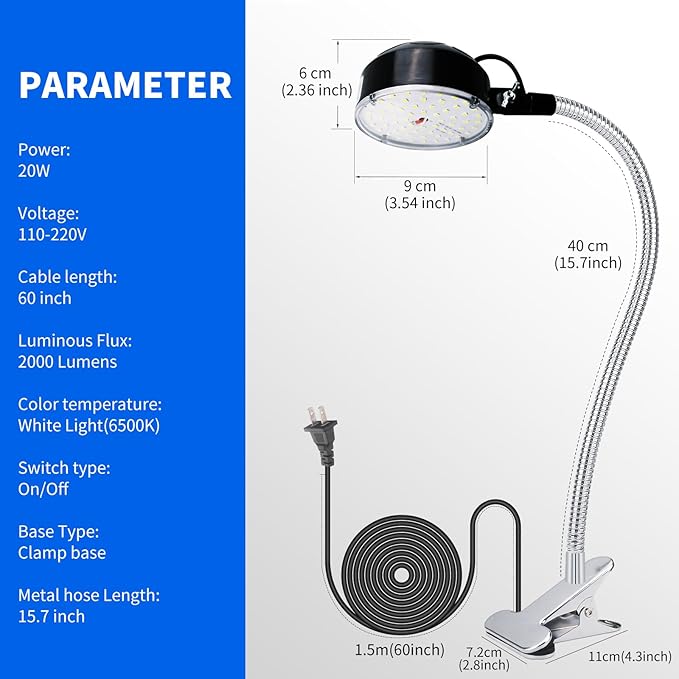 Clamp Light, LED Work Light with Flexible & Strong Clip for Workshop, Sewing, Lathe, Bandsaw, Workbench, Desk, Bright Small Area Task Lighting, 2000 Lumens, Silver