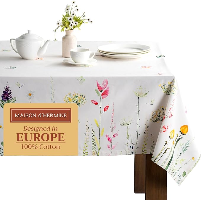 Maison d' Hermine Table Cloth Rectangle Table 100% Cotton 60 x 90 Inches Tablecloth Reusable Decorative for Dining Room, Farmhouse, Home, Party, Festive & Wedding Spring Summer - Botanical Fresh
