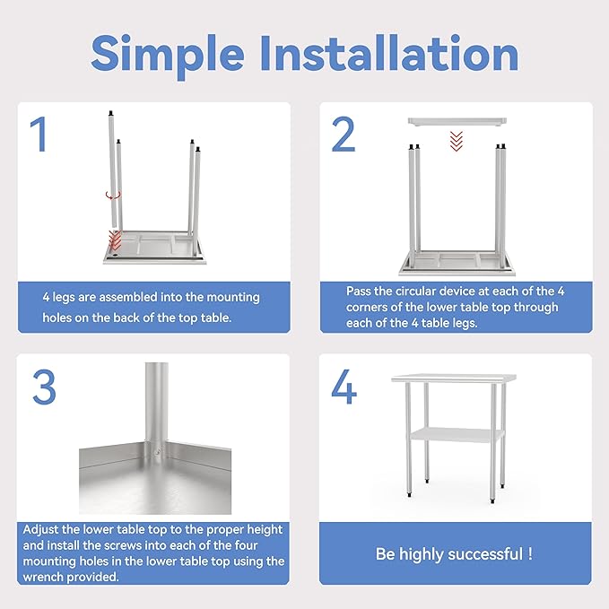 Stainless Steel Table (Backboard Table+Adjustable Legs, 24 x 48 Inch)