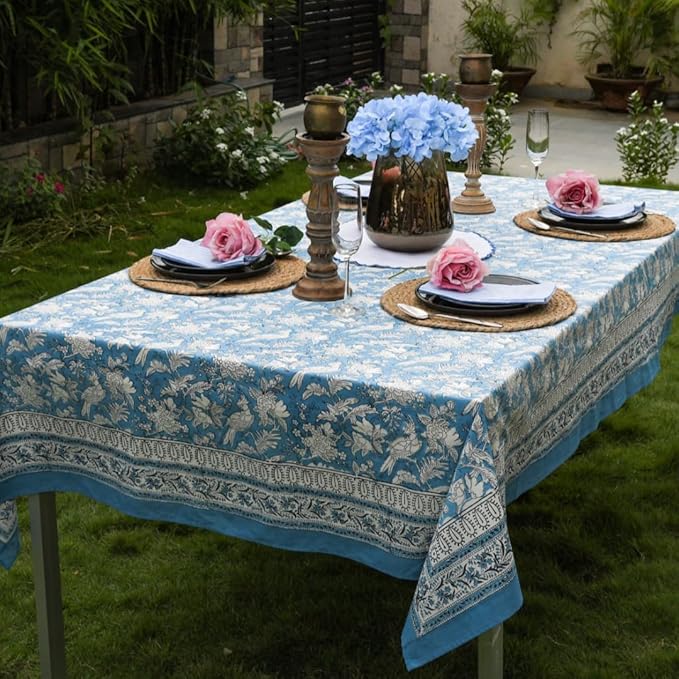 CPC Blue Sapphire 80X120 Inch Rectangle Tablecloth Cotton Indian Block Print Tablecloth Handmade Printed Washable Cotton Table Cloth Spring Summer Weding Table Cover
