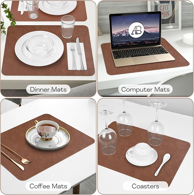 PU Leather Placemats Set of 6 Table Mats Heat Resistant Kitchen Place Mats, Waterproof Wipeable Dining Table Placemats for Home Party Outdoor, 15.8 x 11.8 inches (Brown)